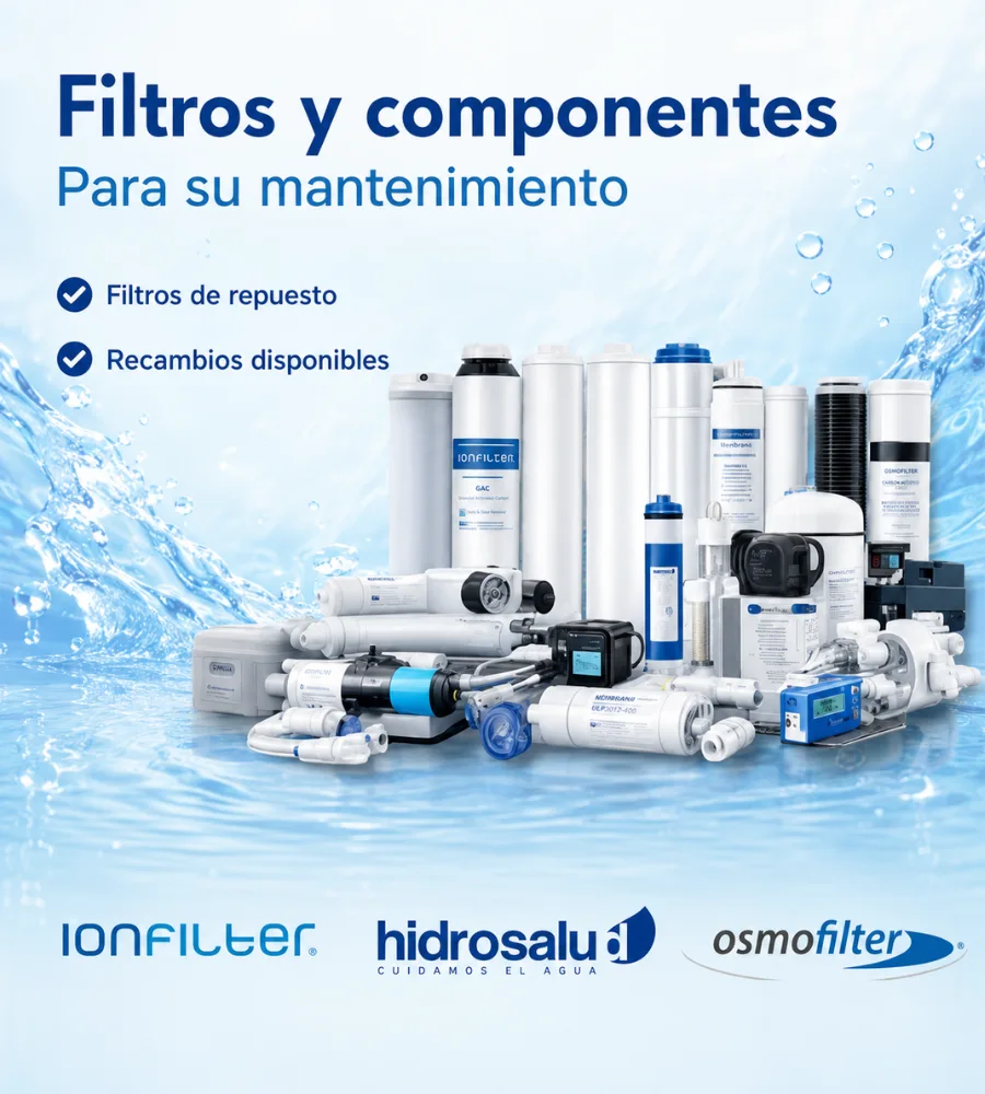 Filtros y componentes de las marcas Ionfilter, Hidrosalud y Osmofilter