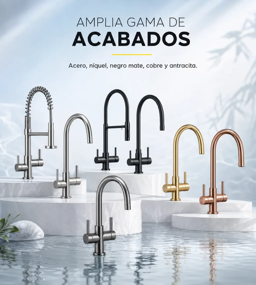 Acabados de grifería en acero, níquel, negro mate, cobre y antracita