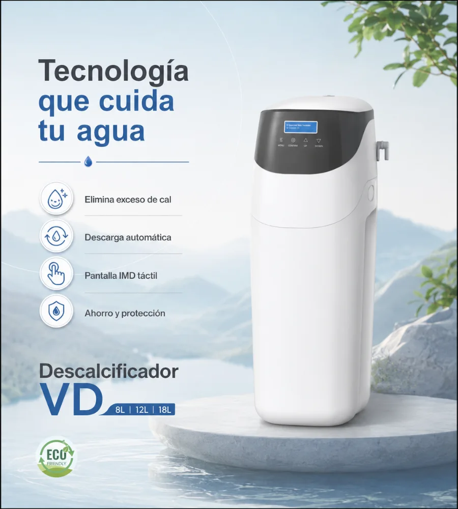Descalcificador VD — Descarga automática, pantalla IMD táctil y ahorro