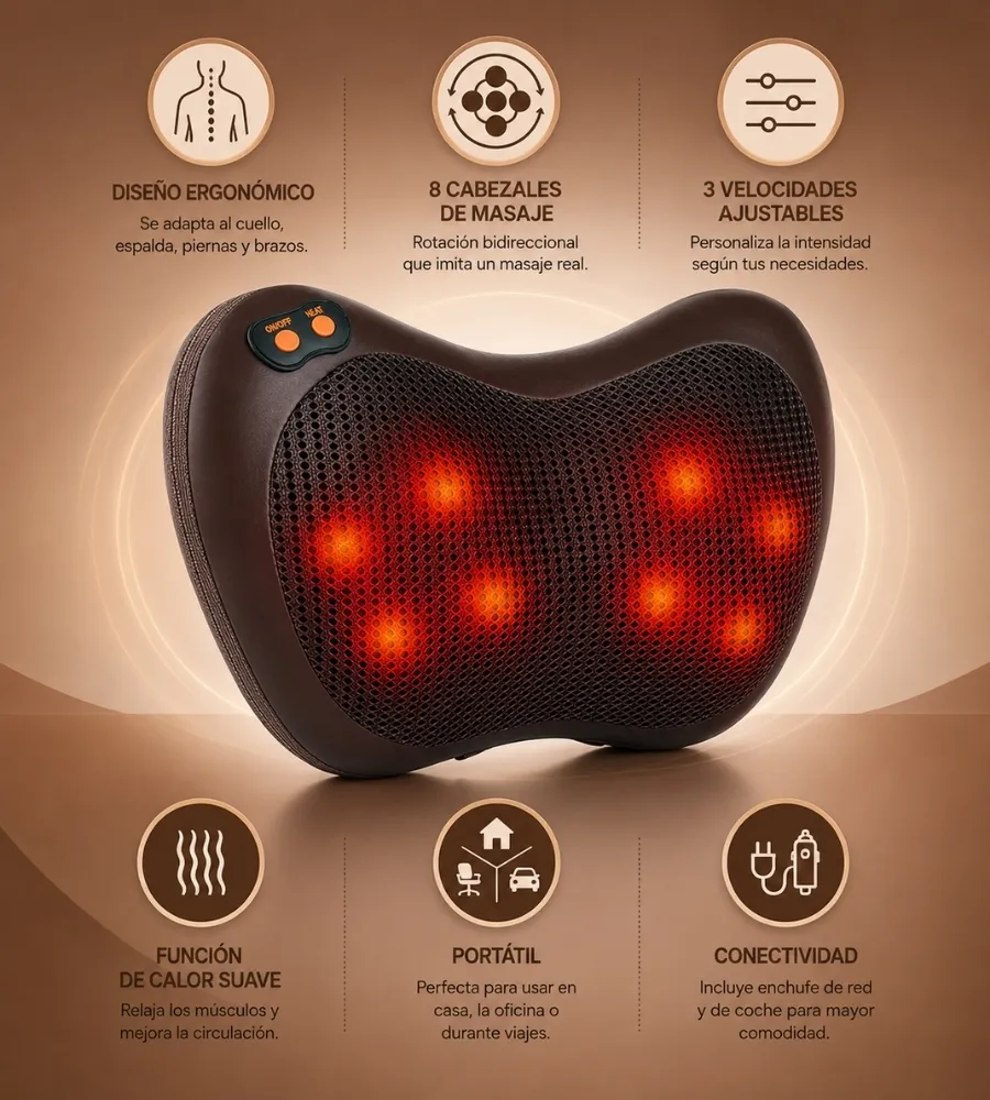 ALMOHADA SHIATSU — Se adapta a cuello, espalda, piernas y brazos