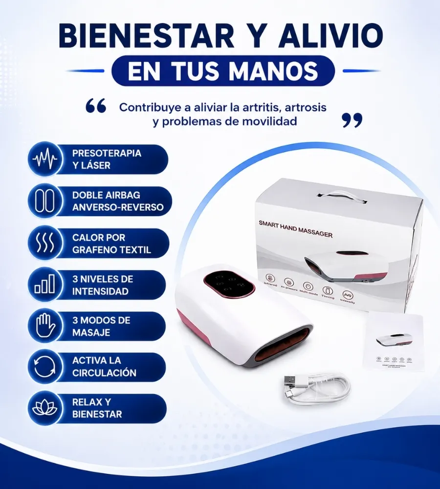 MASAJEADOR PRESOTERAPIA MANOS CON LÁSER — Contribuye a aliviar la artritis, la artrosis y problemas de movilidad