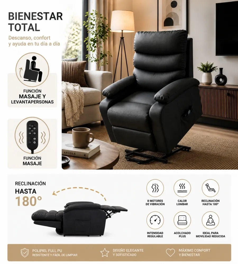 SILLÓN LEVANTAPERSONAS Y MASAJE IMPERIAL — Descanso, confort y ayuda en tu día a día