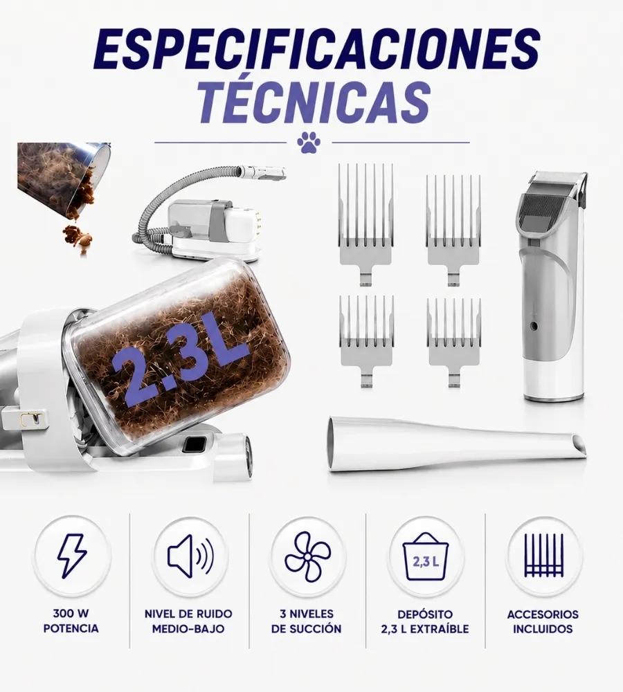 Aspirador Mascota 3 en 1 — especificaciones técnicas
