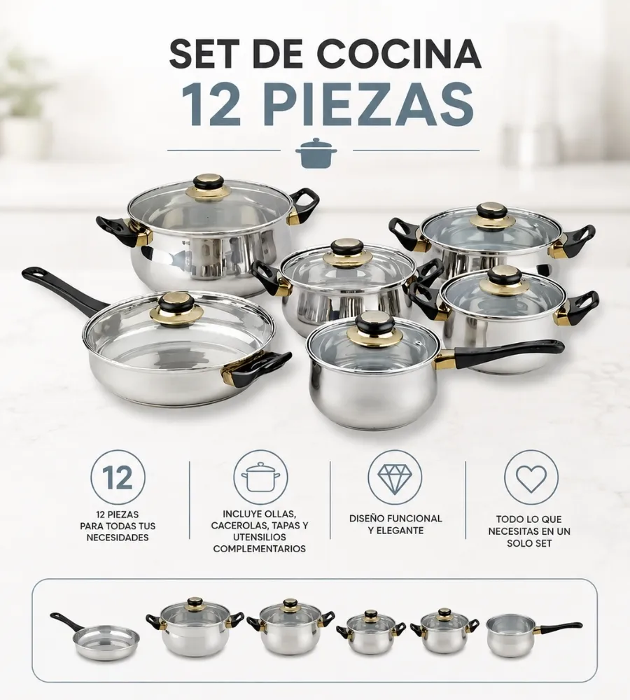 Batería de Cocina Acero Inoxidable — set de 12 piezas