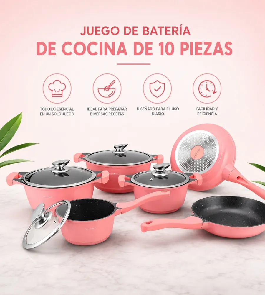 Batería de Cocina Rosa 10 Piezas — juego completo