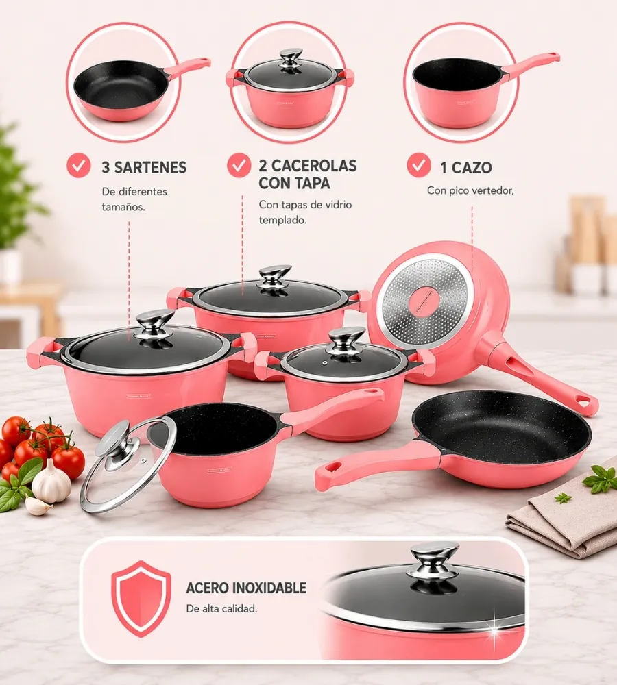 Batería de Cocina Rosa 10 Piezas — composición del juego