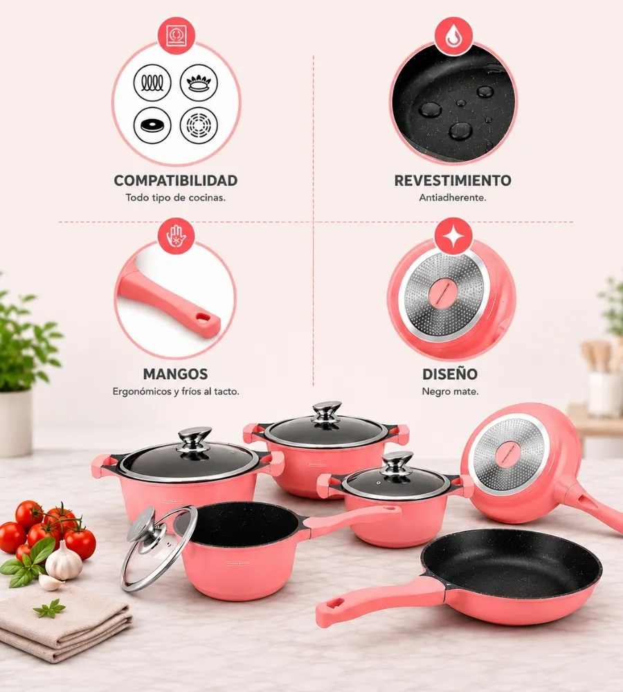 Batería de Cocina Rosa 10 Piezas — compatibilidad y diseño