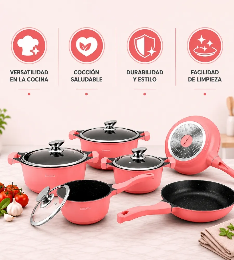 Batería de Cocina Rosa 10 Piezas — uso diario