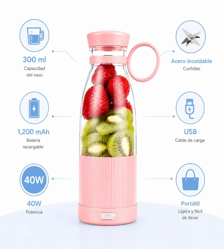 Botella Batidora Portátil 300 ml — potencia y cuchillas