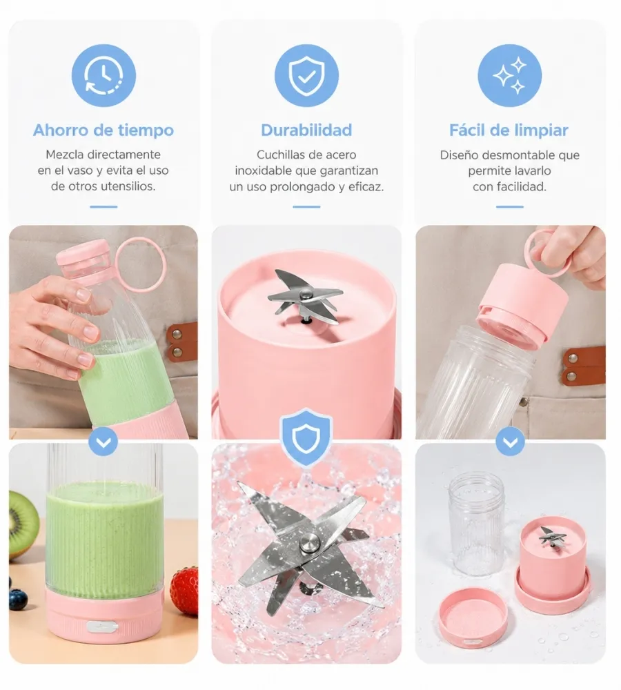 Botella Batidora Portátil 300 ml — limpieza y carga USB
