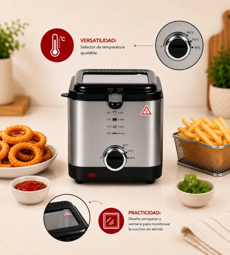 Freidora de Aceite 1,5 Litros — selector de temperatura y ventana
