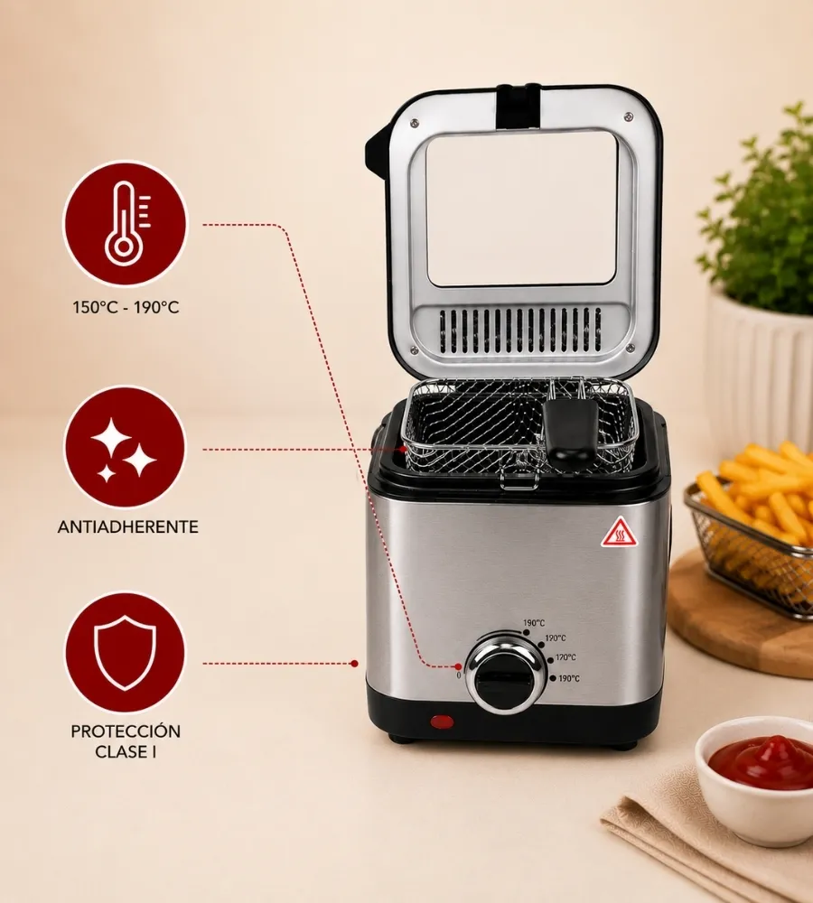 Freidora de Aceite 1,5 Litros — acero inoxidable y protección Clase I