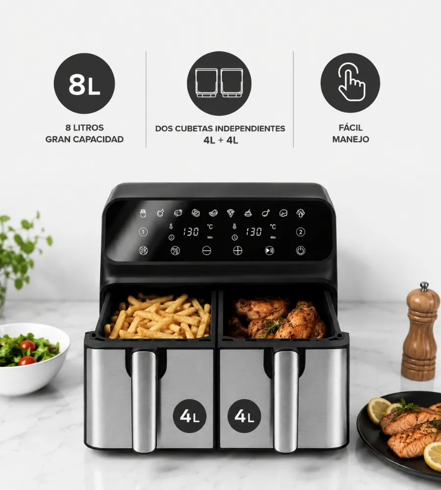 Freidora Air Fryer DUO 8L — dos cubetas independientes