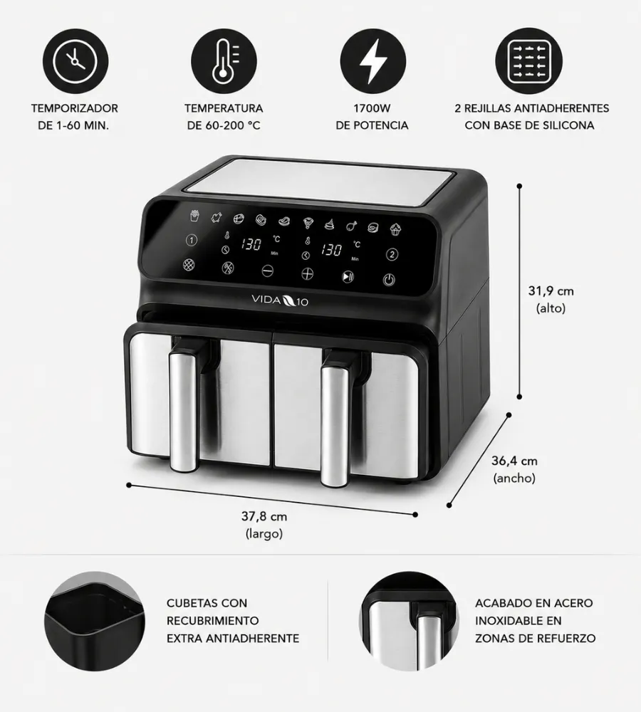 Freidora Air Fryer DUO 8L — ficha técnica y materiales
