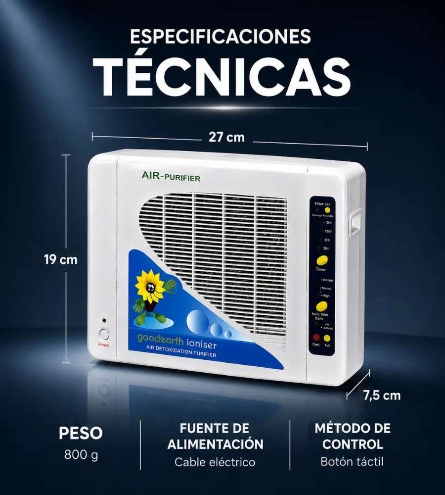 Purificador de Aire y Agua con Ionizador — especificaciones técnicas