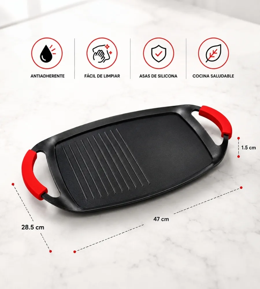 Plancha Grill Antiadherente — medidas y acabado