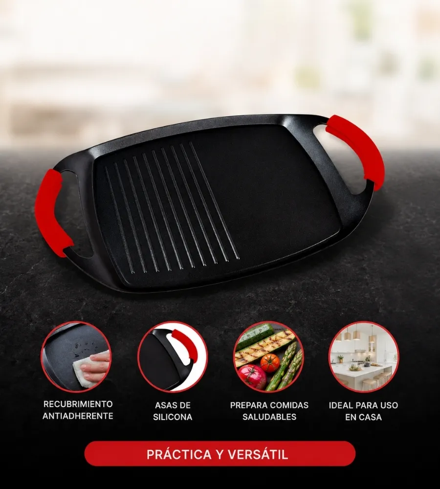Plancha Grill Antiadherente — uso y asas de silicona
