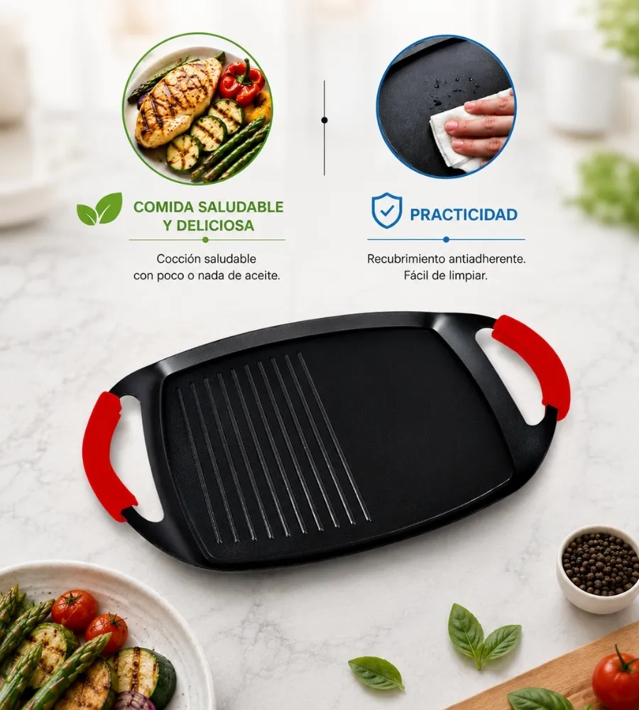 Plancha Grill Antiadherente — fácil manejo y limpieza