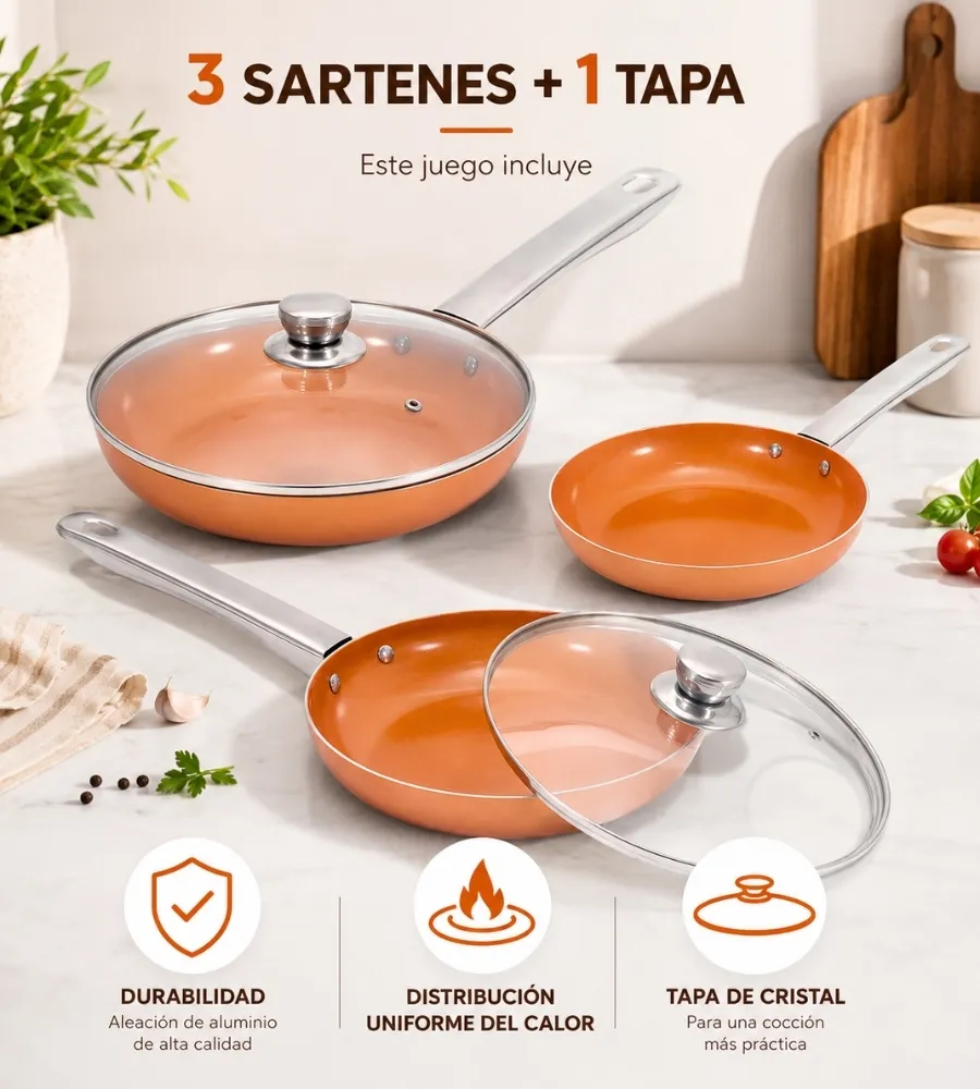 Sartenes de Cobre Cerámico — conjunto de tres sartenes y tapa
