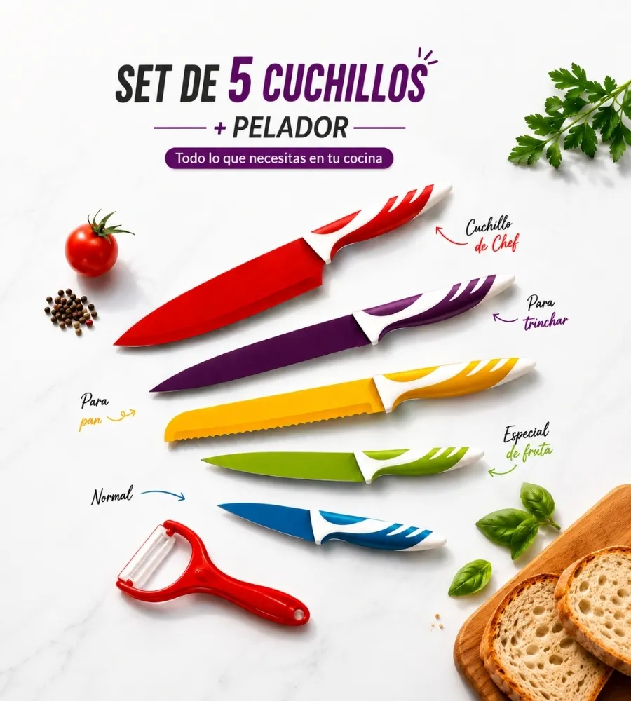 Set 5 Cuchillos + Pelador — composición del juego