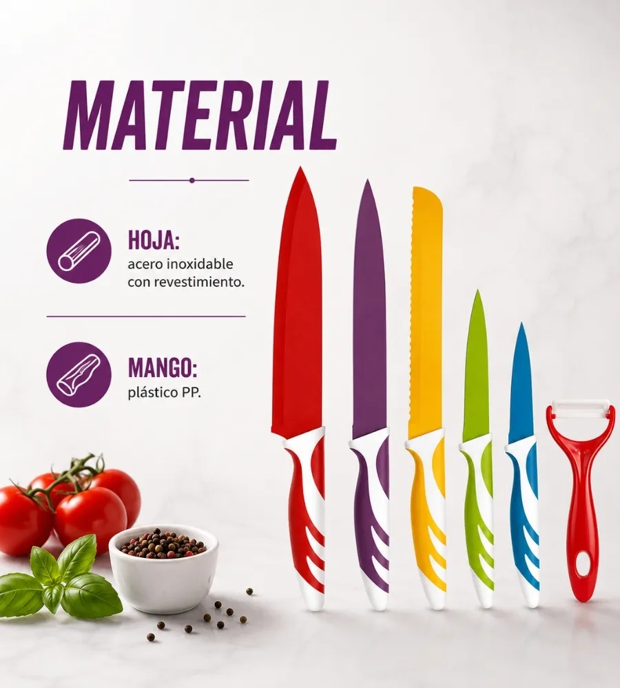 Set 5 Cuchillos + Pelador — materiales