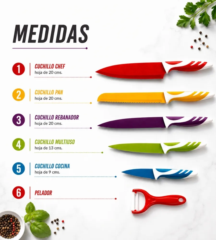 Set 5 Cuchillos + Pelador — medidas de las hojas